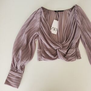 Zara Small Crop Top Long Sleeve Blouse Pleated Knot Twist Taupe Flare Sheer Tan